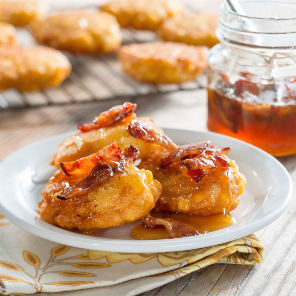 Double Corn & Honey Fritters with Honey-Bacon Drizzle - Highland Honey